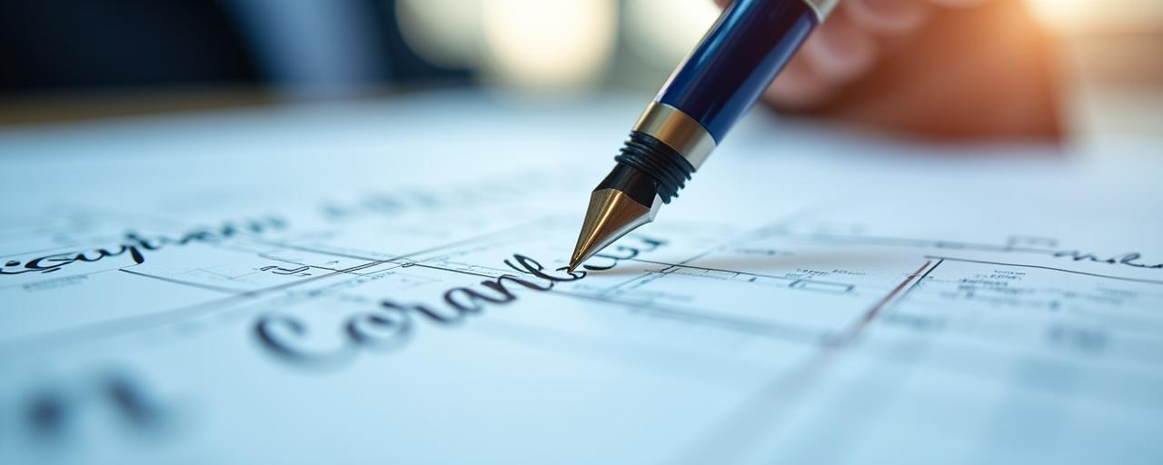Close-up of a legal contract with a blueprint background